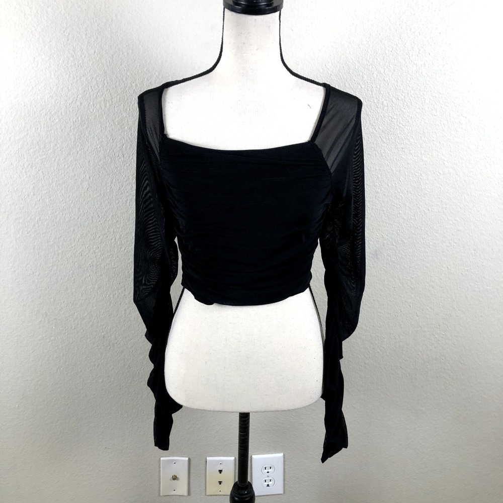 Shein Shirt Womens Medium Black Draped Ruched Sheer Cropped Versatile Dressy